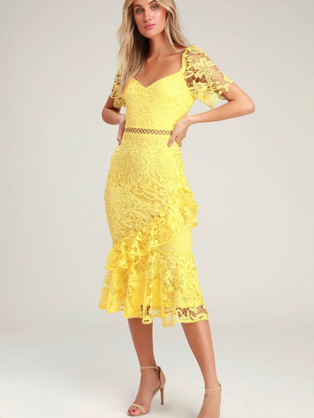 Lulu's Briarwood Yellow Lace Ruffle Midi Dress